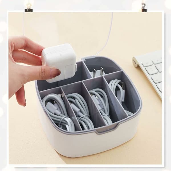 Kabelopbevaringsboks Klar Plast Skrivebordsorganisator 6 Rum Klaplåg til USB-ledninger Opladere Brun