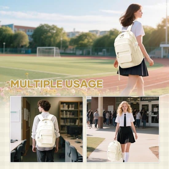 Beige Skolerygsæk, 25L, 14-tommer Bærbar, Multi-Lomme