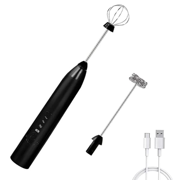 Elektrisk melkeskummer i rustfritt stål, USB oppladbar kaffeblander, svart