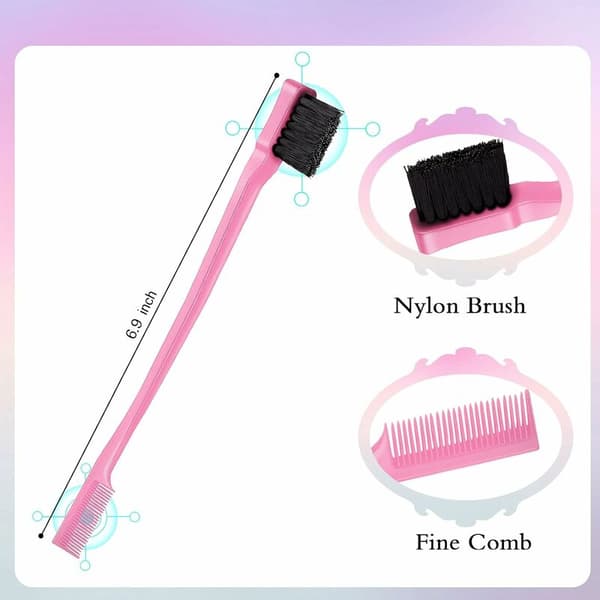 Edge Control Børste Kam Sæt 17.5cm Dobbelt Børste 22.1cm Børstehår 23.4cm Spidskam Blød Nylon til Pandehår Bryn Pink 3stk