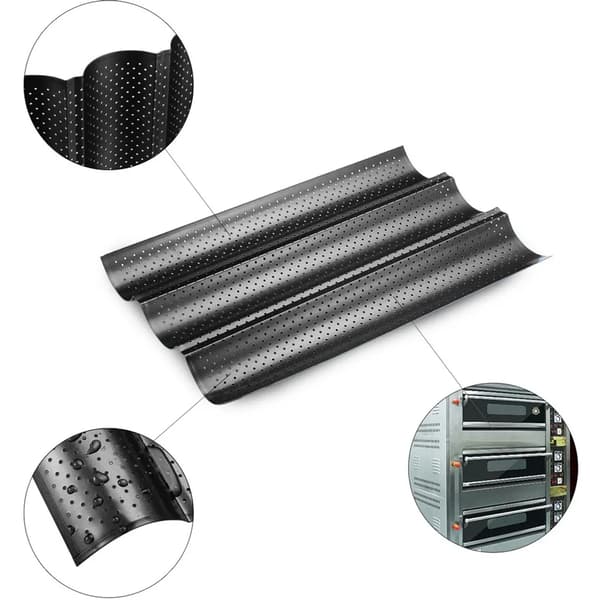 Baguettebageform til 3 brød 38,5x24,5x7,3cm Non-stick Perforeret Varmeledning Sort