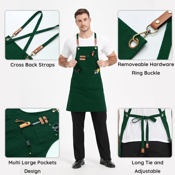 Grønt arbeidsforkle i kanvas for menn og kvinner, 3 lommer, kryssryggstropper Canvas Apron, Waterproof