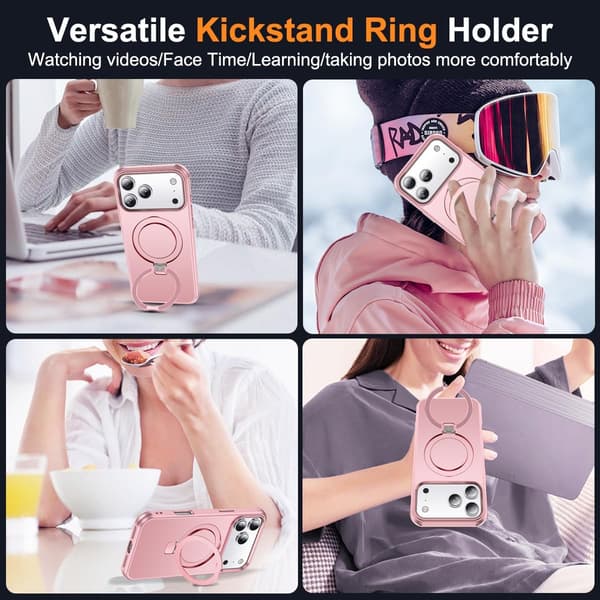 Kompatibel med iPhone 17 Pro-deksel med stativ, rosegull, magnetisk ringstativ SKYLMW Compatible with