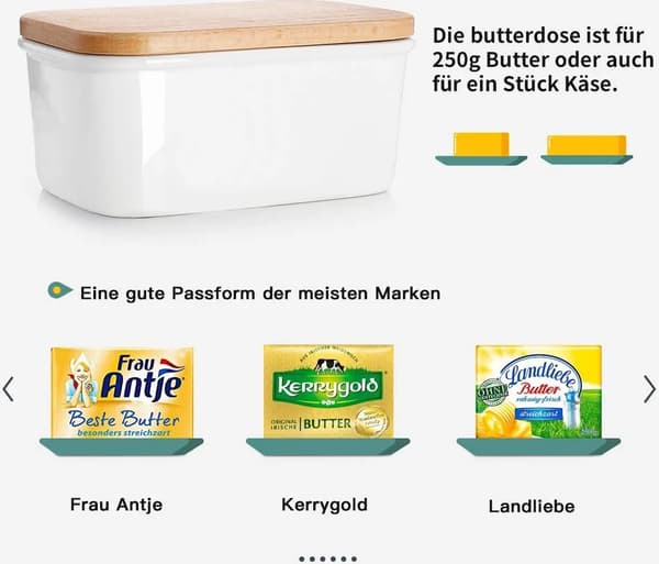 Emaljsmörfat med trälock, lämpligt för 250g smör, stor storlek, vit