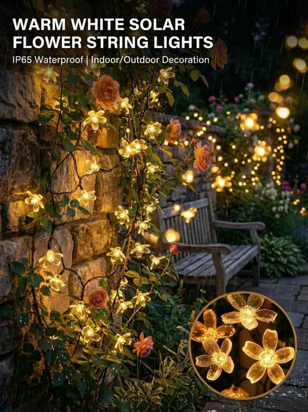 2PK Solar Blomsterlyslenke 7M 50LED Flerfarget 8 Moduser Hagedekor ITICdecor 2 Pack
