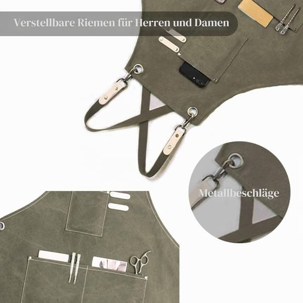 Grønt denim langt forklæde til mænd og kvinder, 3 lommer, krydsrygstrop Canvas Apron Men