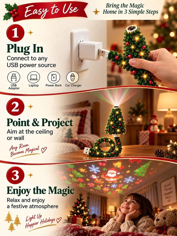 Plug and Play Juletre Takprojektor, USB Fleksibel Tre-lampe Plug and Play