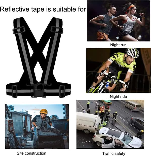 Reflekterende sikkerhedsvestsæt sort 2 bælter + 4 armbånd til natløb cykling vandreture
