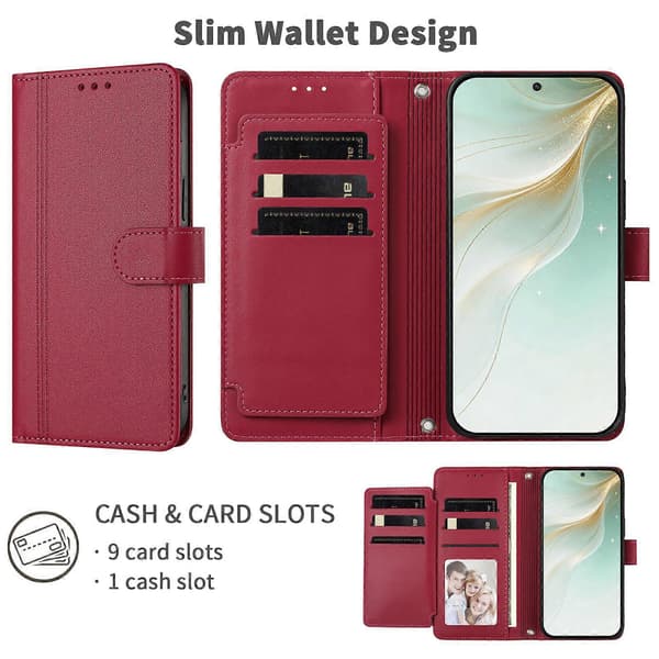 Pung etui kompatibel med iPhone 16e / 17e, 9 kortpladser, PU læder, flip stander, 16 cm rem Compatible For iPhone