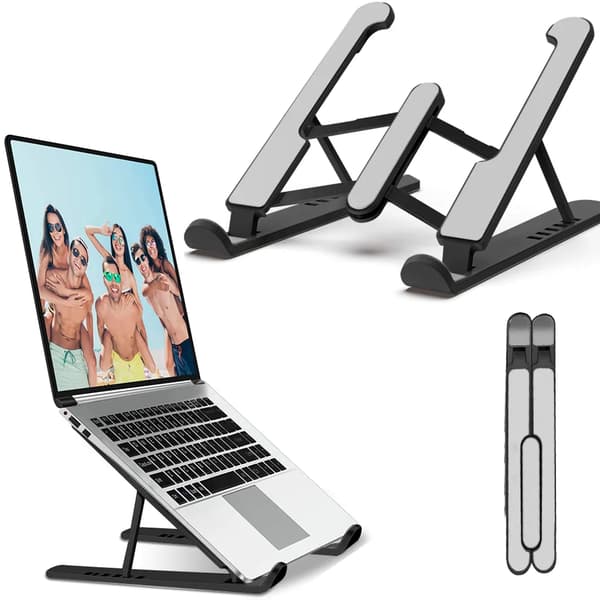 Bærbar computerstander, bærbar computerholder, aluminium bærbar computerforhøjer, fuldt sammenklappelig, sort