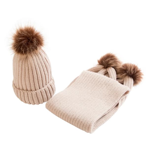 Vinterstickad mössa och halsduk för barn, 2-delat set 1-4 år, varm beige