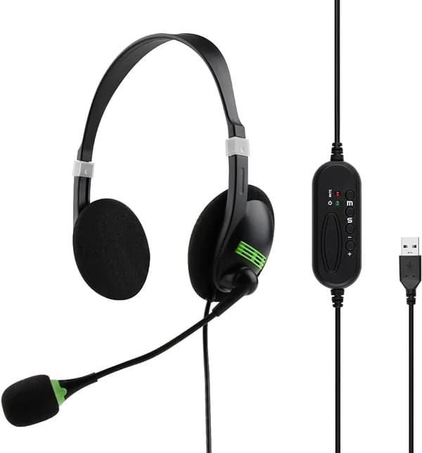 USB-headset, PC-headset med brusreducerande mikrofon och volymkontroll, Stereo PC-hörlurar för bärbar dator, callcenter, kontor, webbinarium