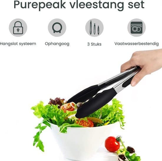 3-pak køkkentænger, 18/23/30 cm, varmebestandig op til 230°C, sølv og sort, grillserveringstænger