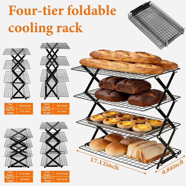 4-vånings hopfällbart kylgaller i tråd, justerbart och stapelbart bakgaller 43,5 x 25 cm 4 Tier Collapsible