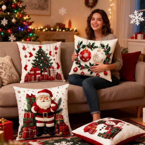 Julkuddfodral i linne, 45 x 45 cm, 4-pack, röd julkudde Set of 4