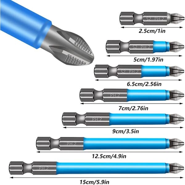 7 stk. PH2 Magnetiske Anti-Slip Hex Bits S2 Multi Længde Sølv Blå Kompatibel med Skruemaskiner Boremaskiner
