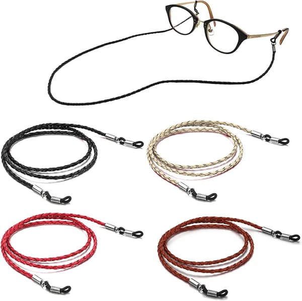 Glasögonhållare Remmar 4-pack Metallklämma Läder Bomullssnöre 33cm Universal
