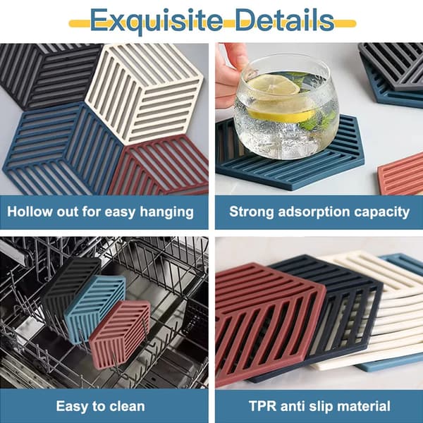 Silikonunderlägg 4-pack Hexagon Värmebeständig Svart Vin Blå Beige