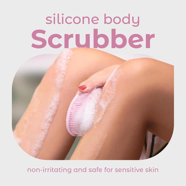 Lyserød dobbeltsidet silikone kropsskrubber, eksfolierende og masserende brusebørste, hurtigtørrende MainBasics Silicone Body