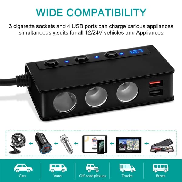 3-stik bil cigarettænder splitter med 4 USB-porte 12/24V ca. 200W total effekt sort telefon tablet GPS