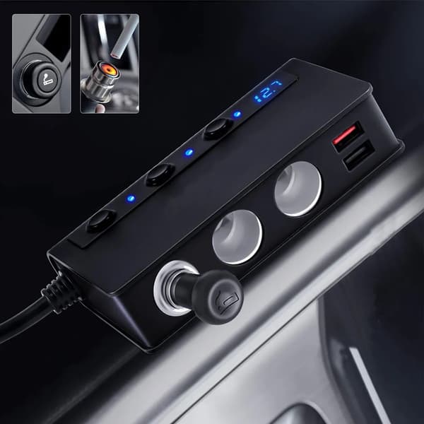3-stik bil cigarettænder splitter med 4 USB-porte 12/24V ca. 200W total effekt sort telefon tablet GPS