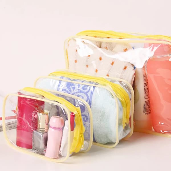 Genomskinliga sminkväskor 5-pack gul medium PVC vattentät dragkedja resetvättväska