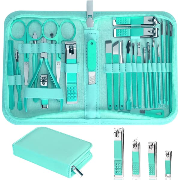 26-dele manicure- og pedicuresæt, negleplejeværktøjer i rustfrit stål, turkis etui 26 pcs