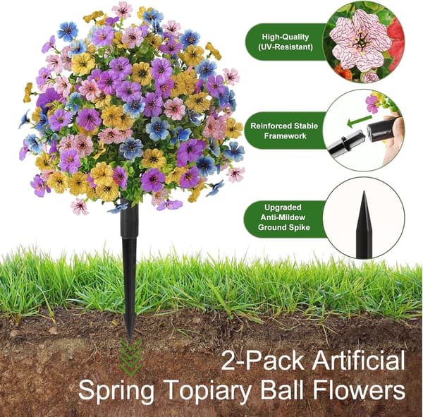 2 stk 20\" kunstig topiarykule utendørs blomster blandet lilla rosa blå gul 2 pcs
