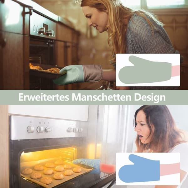 5-delat matlagningshandskset i silikon, värmebeständigt, quiltat bomullsfoder, köksbakning, grill, mintgrön