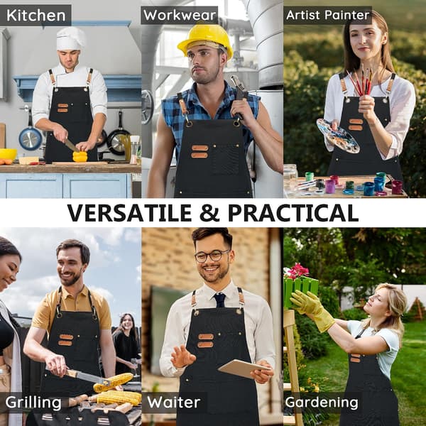 Sort lærredsarbejdsforklæde til mænd og kvinder, 3 lommer, krydsrygsstropper Canvas Aprons, Waterproof