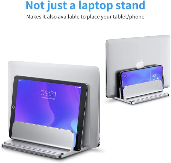Dobbelt lodret laptopstativ i aluminium, justerbar bredde til to notebooks og tablets