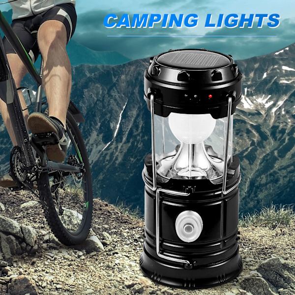 Solar campinglampe USB genopladelig lommelygte Bærbar nødlampesæt Black