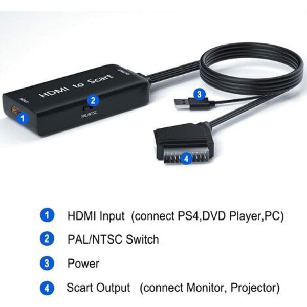 HDMI Scart-adapter med HDMI och Scart-kablar, HDMI till Scart-omvandlare kompatibel med NTSC/PAL för PS4-spelare Sky HD Blu-Ray HDTV STB