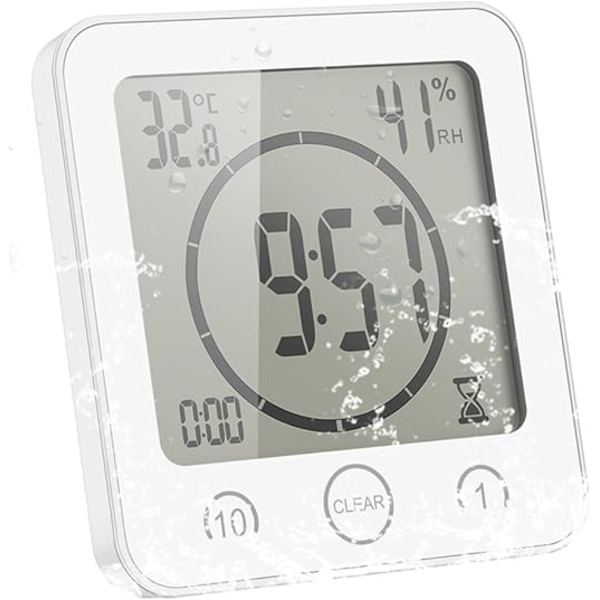1 hvit dusjklokke vanntett, LCD digital dusjklokke timer