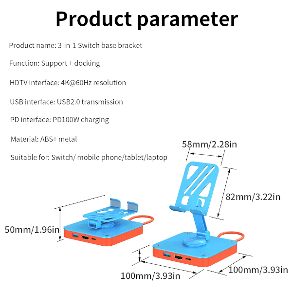 Säädettävä Switch-puhelinpidike ja USB-C-keskitin HDMI2.0:lla (4K@60 Hz), USB2.0:lla, PD 100W latausporteilla