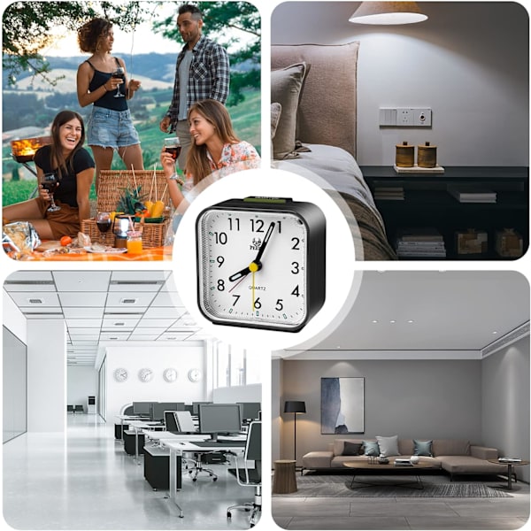 Stille, ikke-tikkende analogt vækkeur, batteridrevet mini-analogt vækkeur med snooze-funktion og natlampe, bærbar vækkeur til soveværelset