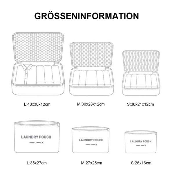 Organiserare, 6-i-1 set, inkluderar 3 packningskuber och 3 förvaringsväskor, reseväskor för kläder, skor, underkläder, kosmetika