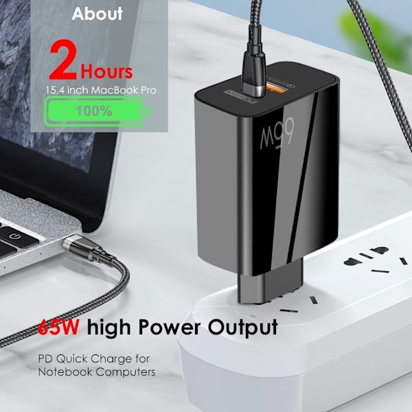 65W GaN Hurtiglader med USB C-kabel, for mobil og MacBook Pro
