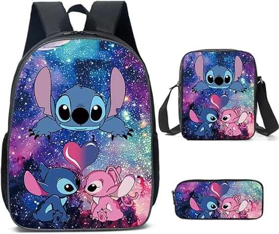 Stitch Ryggsäck - Set med 3 barnväskor med lunch och case för skolan, utomhus, resor, camping