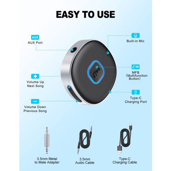 Bil Bluetooth AUX-adapter, Mini Bluetooth 5.0-mottaker