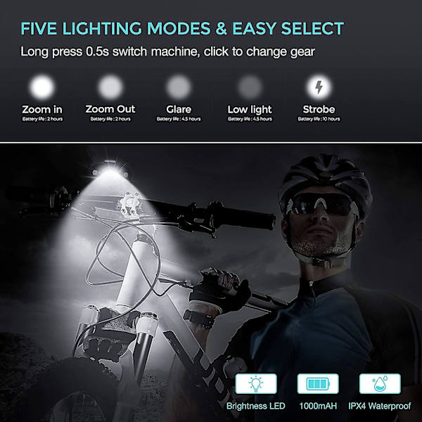 1000 Lumen USB-uppladdningsbart set, 3 LED-cykellampor