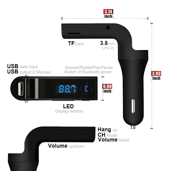 Bluetooth Bil FM-sender Modulator MP3 USB Sort