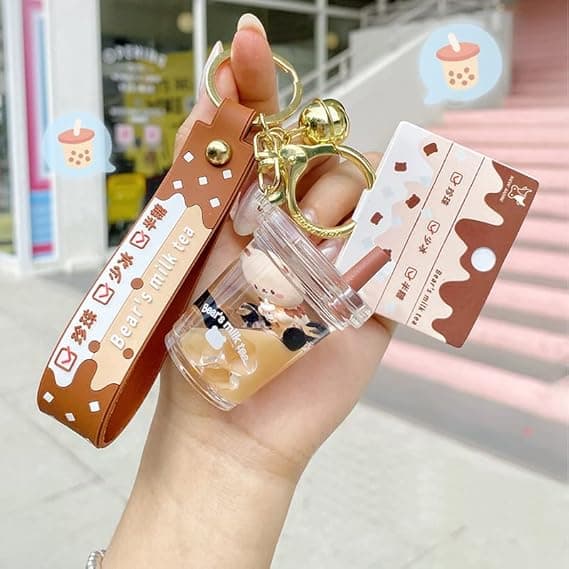 Söt Bubble Tea Nyckelring Boba Bear Nyckelring Hängsmycke Docka för Flicka
