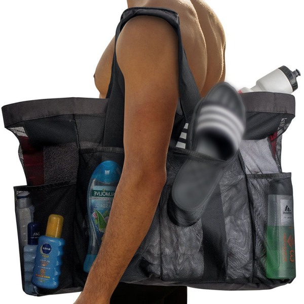 Stor strandveske med 8 mesh-lommer, holdbar strandveske