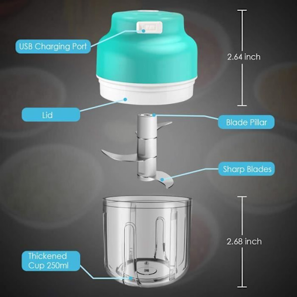 USB-laddningsbar minihackare, liten matberedare med borste, 250 ML, 3 vassa blad