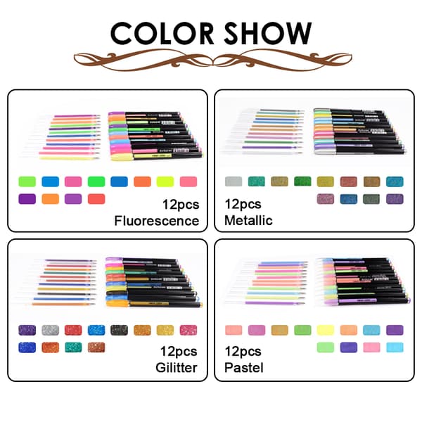 48 Gel Penne Sæt Metallisk Pastel Glitter Neon Markør Pen Til
