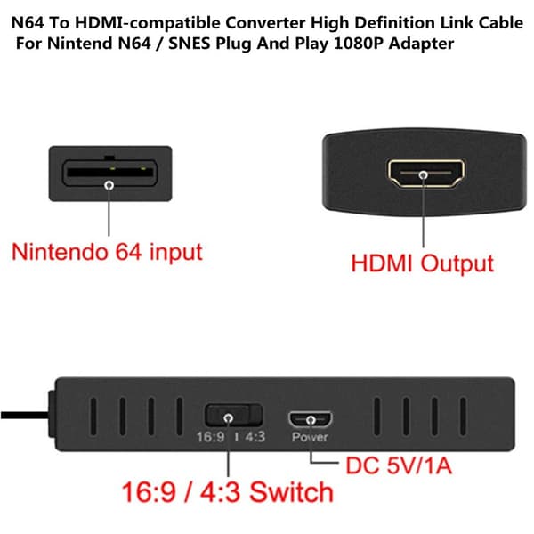N64 til HDMI-kompatibel adapter, bærbar adapter til Nintendo 64/snes/ngc/s