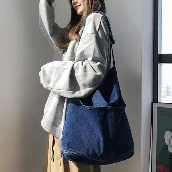 Blå jeansväska, axelväska, messengerbag, stor dam navy blue