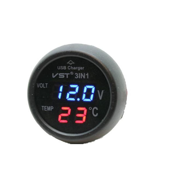 Voltmeter Temp + USB 5V lader 4-30V DC bil båt bobil campingvogn