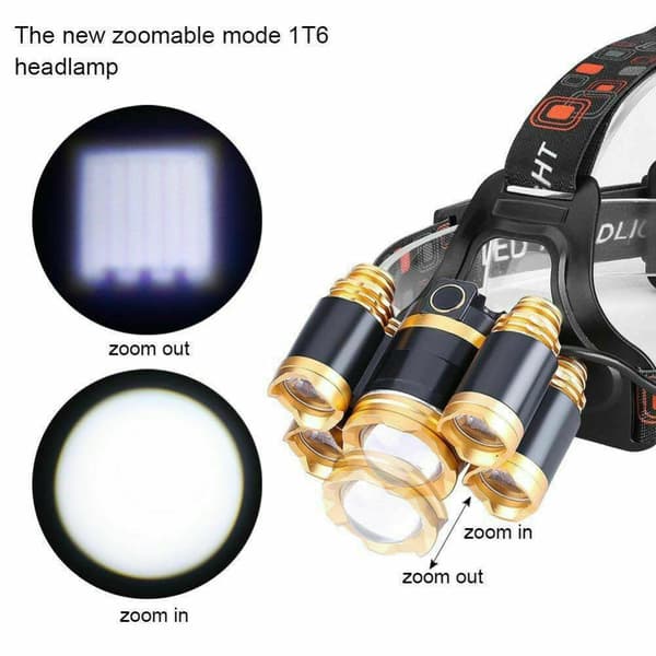 Kraftig pandelampe 5x T6 LED inkl. batterier + 12V oplader + bil
